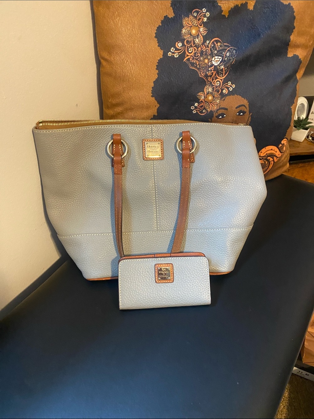 Dooney & Bourke Light Blue Pebble Leather Tote with Tan Trim and Matching Wallet